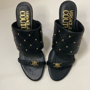 Versace Jeans Couture Leather Slide in Sandal Black and Gold